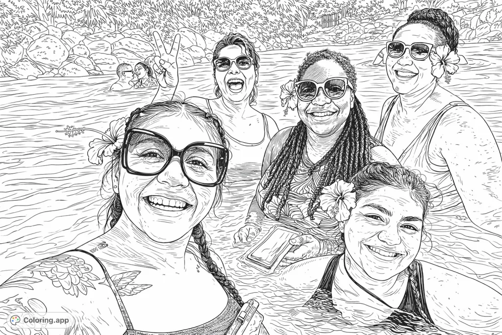 A joyful group of friends with flowers in their hair, enjoying a refreshing dip in serene waters. Features intricate details and a lively tropical atmosphere.