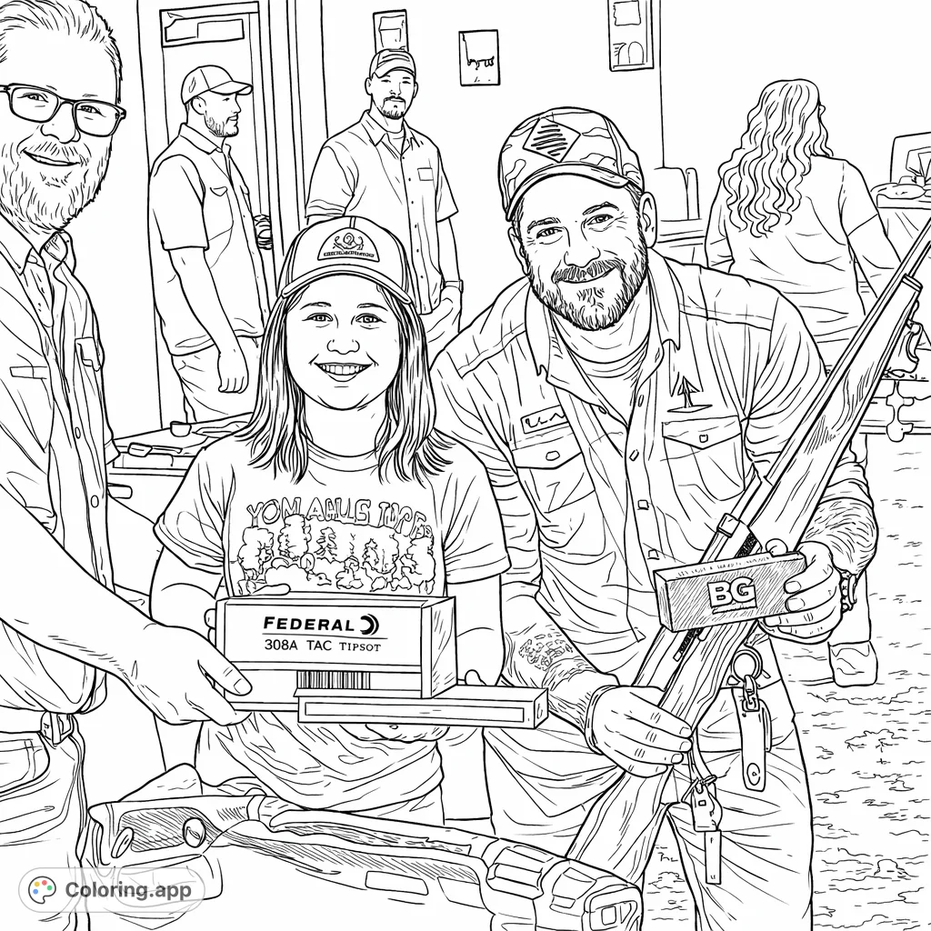A young girl beams, surrounded by two men, at an event. She receives a box and a sporting firearm, celebrating her involvement in outdoor activities.