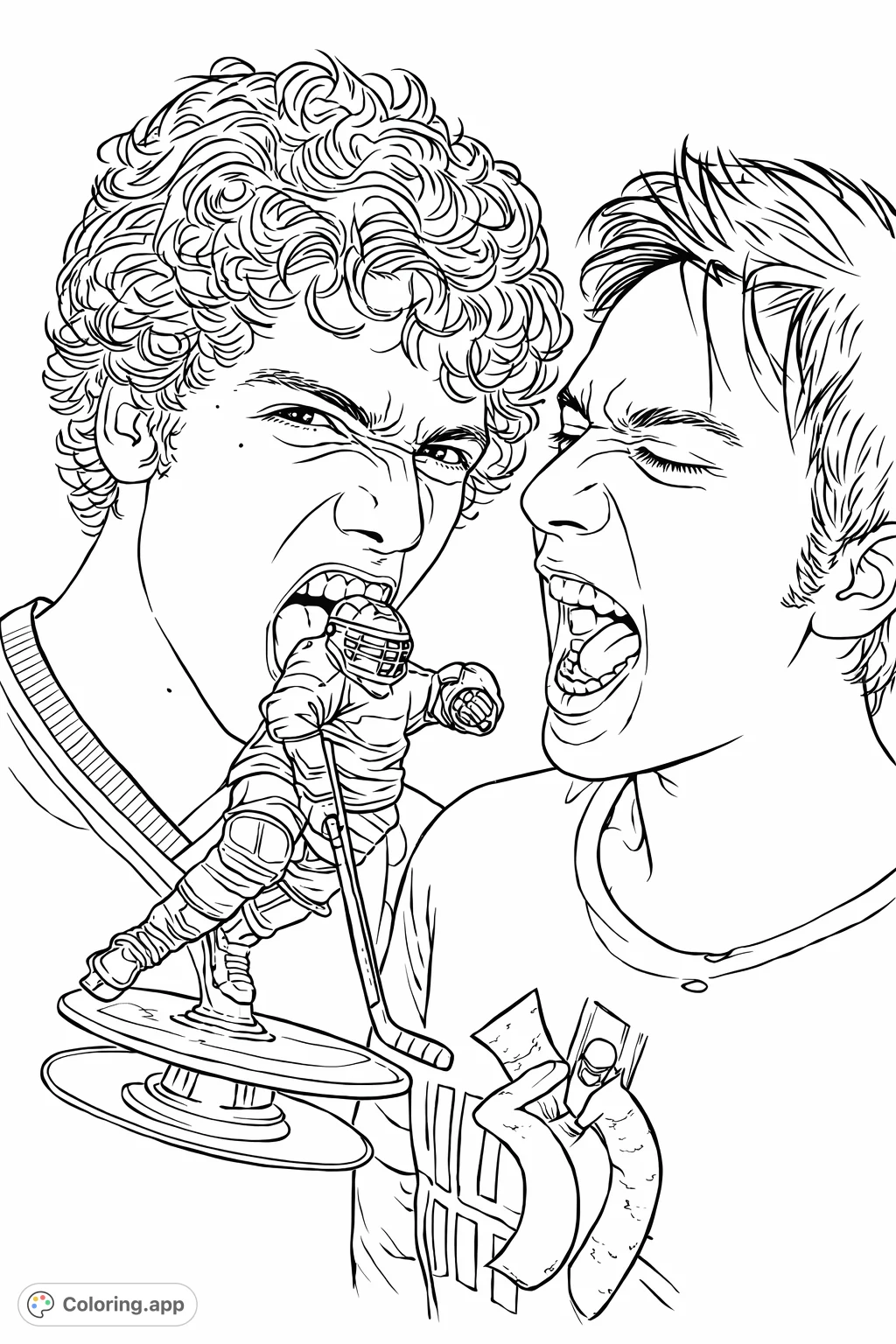 Two expressive men contend with a unique skater trophy, capturing a dynamic scene of intense emotion. A challenging and engaging coloring experience.