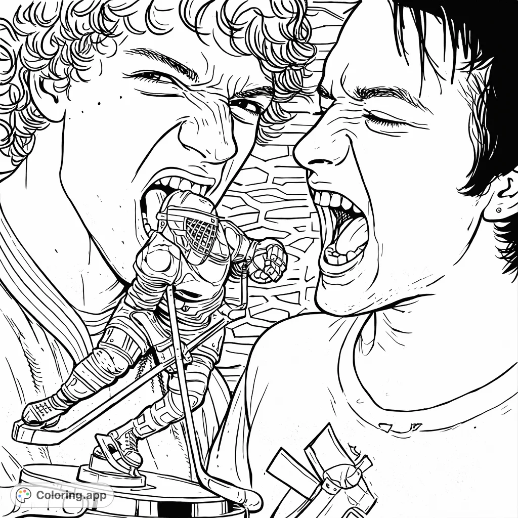 Capture the intense joy of victory with two expressive men celebrating, one biting a hockey trophy. A dynamic scene full of energy.