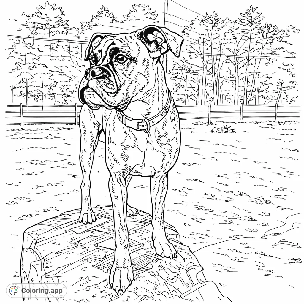 A striking Boxer dog stands majestically on a large tire, set against a snow-dusted landscape and a dense forest backdrop. Perfect for dog lovers!