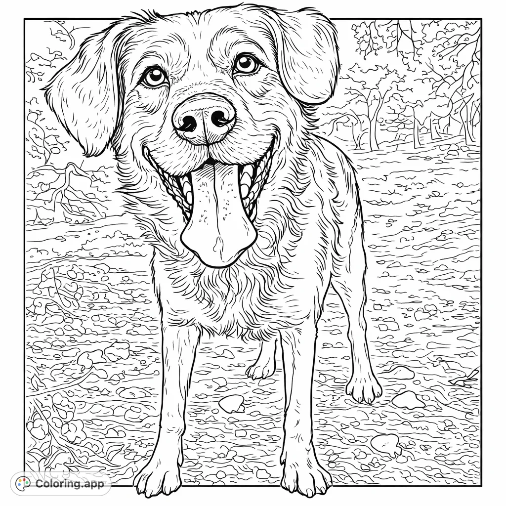 Capture the joyful spirit of a happy dog in an outdoor setting. This friendly canine coloring page features a detailed portrait for all animal lovers.