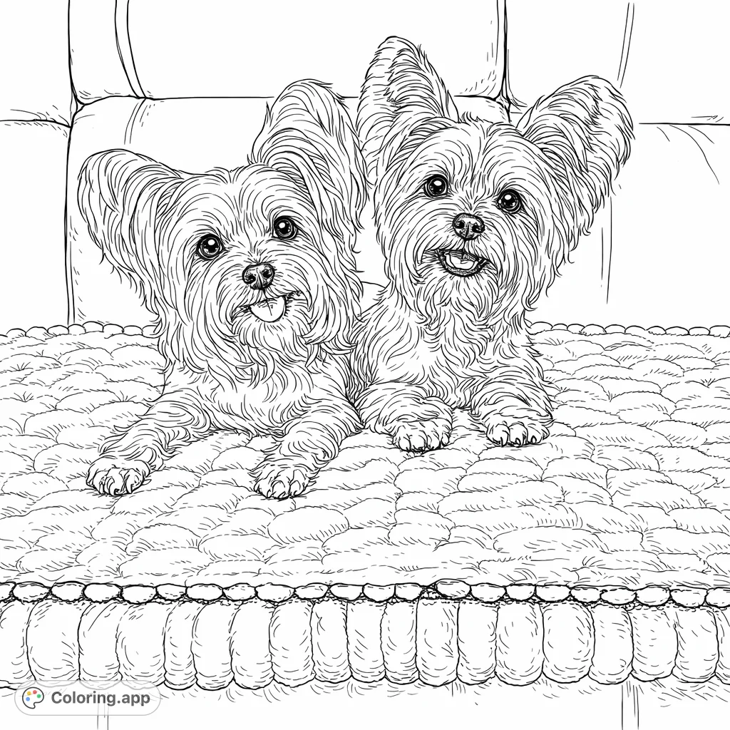 A heartwarming duo of fluffy terriers relaxes on a textured blanket. Capture their charming expressions and the cozy setting with your creative colors.