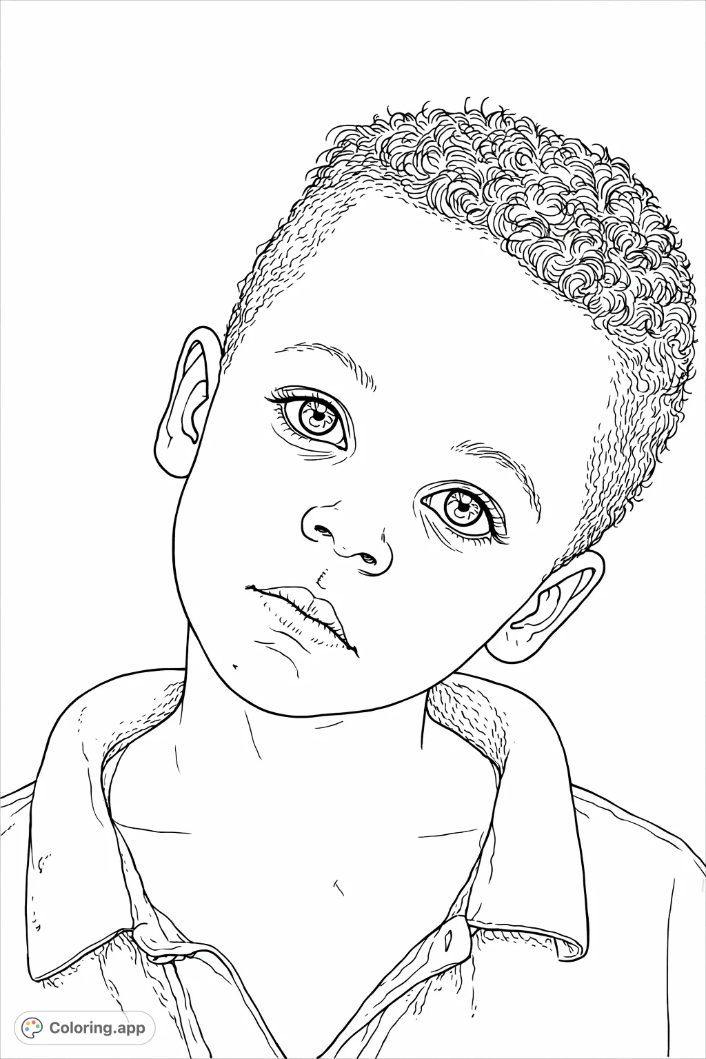 An engaging portrait coloring page featuring a young child with expressive eyes and curly hair, wearing a collared shirt. Perfect for all skill levels.
