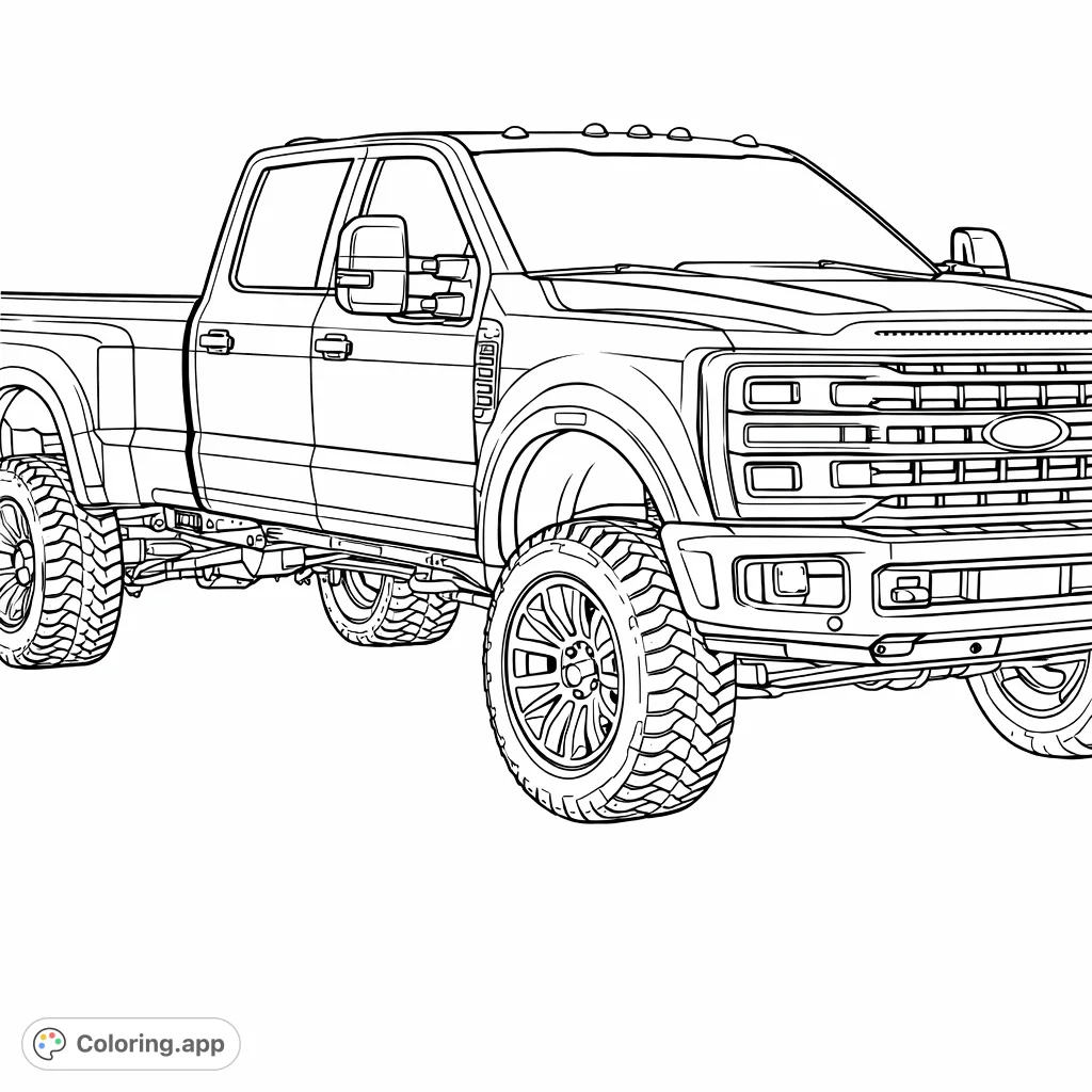 Color a powerful, custom-lifted dually pickup truck with massive tires and a detailed front grille. Perfect for truck enthusiasts of all ages.