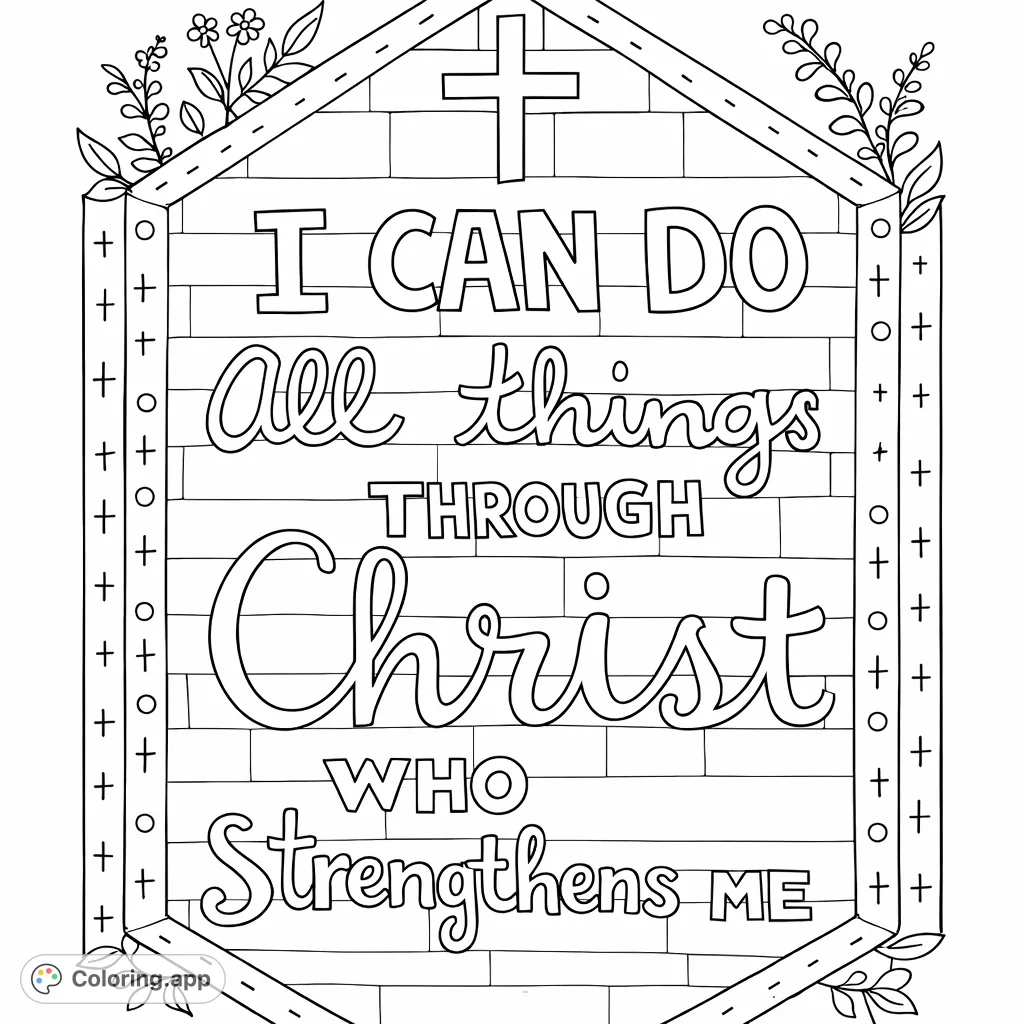 An inspiring scripture coloring page featuring the powerful quote 'I Can Do All Things Through Christ Who Strengthens Me' within a decorative frame. Perfect for reflection and faith.