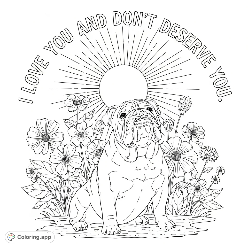A heartwarming free printable bulldog coloring page featuring a loyal bulldog amidst charming flowers and a bright sun, with a touching quote. Perfect for expressing deep affection.