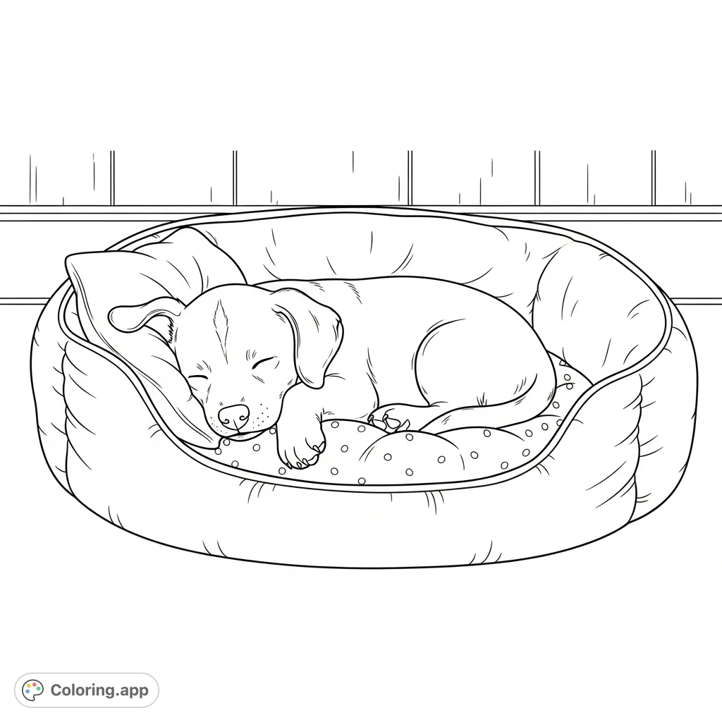 A heartwarming free printable puppy coloring page featuring an adorable pup sound asleep in its cozy bed, perfect for peaceful coloring fun for kids and adults.