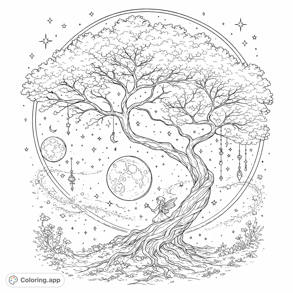Unfold a fantasy tree coloring page where a majestic gnarled tree meets celestial wonders and magic effects. A free printable coloring page for cosmic adventures!