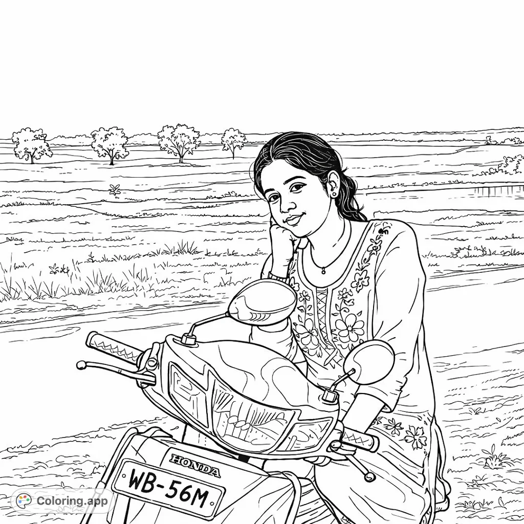 A serene woman on her scooter against a peaceful rural landscape. Customize her patterned top, the vehicle, and the scenic backdrop.