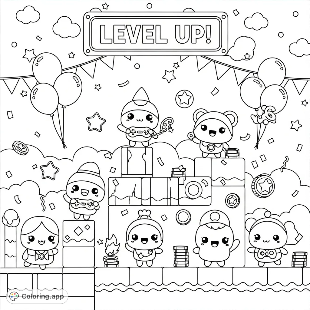 A delightful kawaii video game level coloring page featuring cute characters, pixelated blocks, and festive party elements for a joyful gaming celebration.
