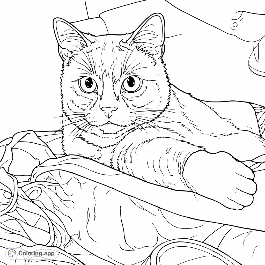 Unwind with this adorable cat resting comfortably amidst soft fabrics. A charming feline portrait, perfect for animal lovers to personalize with their favorite hues.