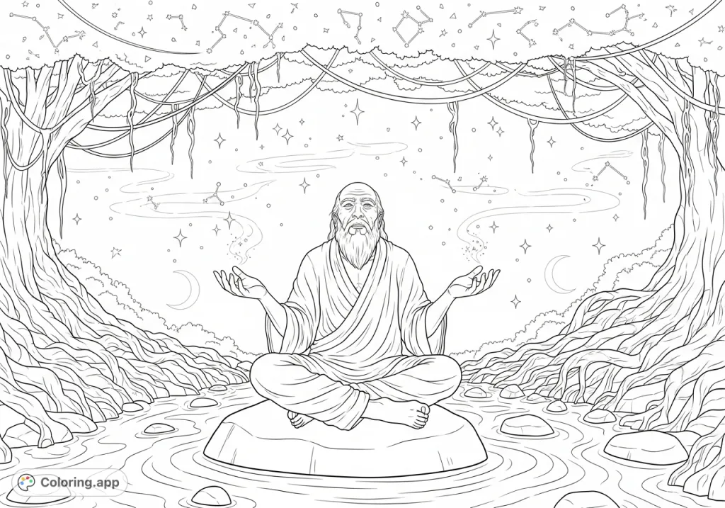 A wise man meditates on a river stone, surrounded by ancient roots, celestial constellations, and ethereal energy. A serene and spiritual scene for introspection.
