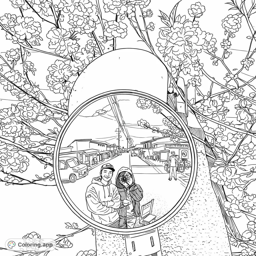 Explore a unique street scene captured in a convex mirror, surrounded by abundant blossoms. A detailed reflection offers a challenge for colorists of all levels.