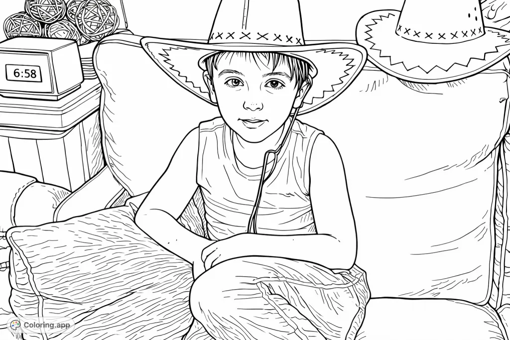 A captivating coloring page featuring a young person wearing a distinctive cowboy hat and jeans, seated on a comfortable couch, ready for a creative adventure.