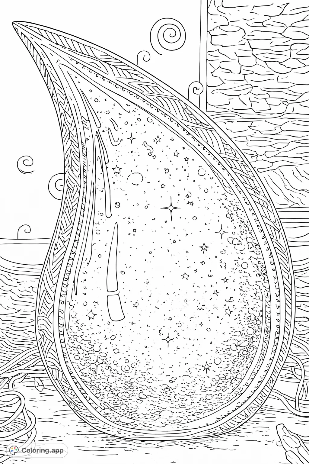 A unique teardrop-shaped vessel featuring intricate patterns and a swirling, cosmic interior filled with star-like specks. A detailed design.