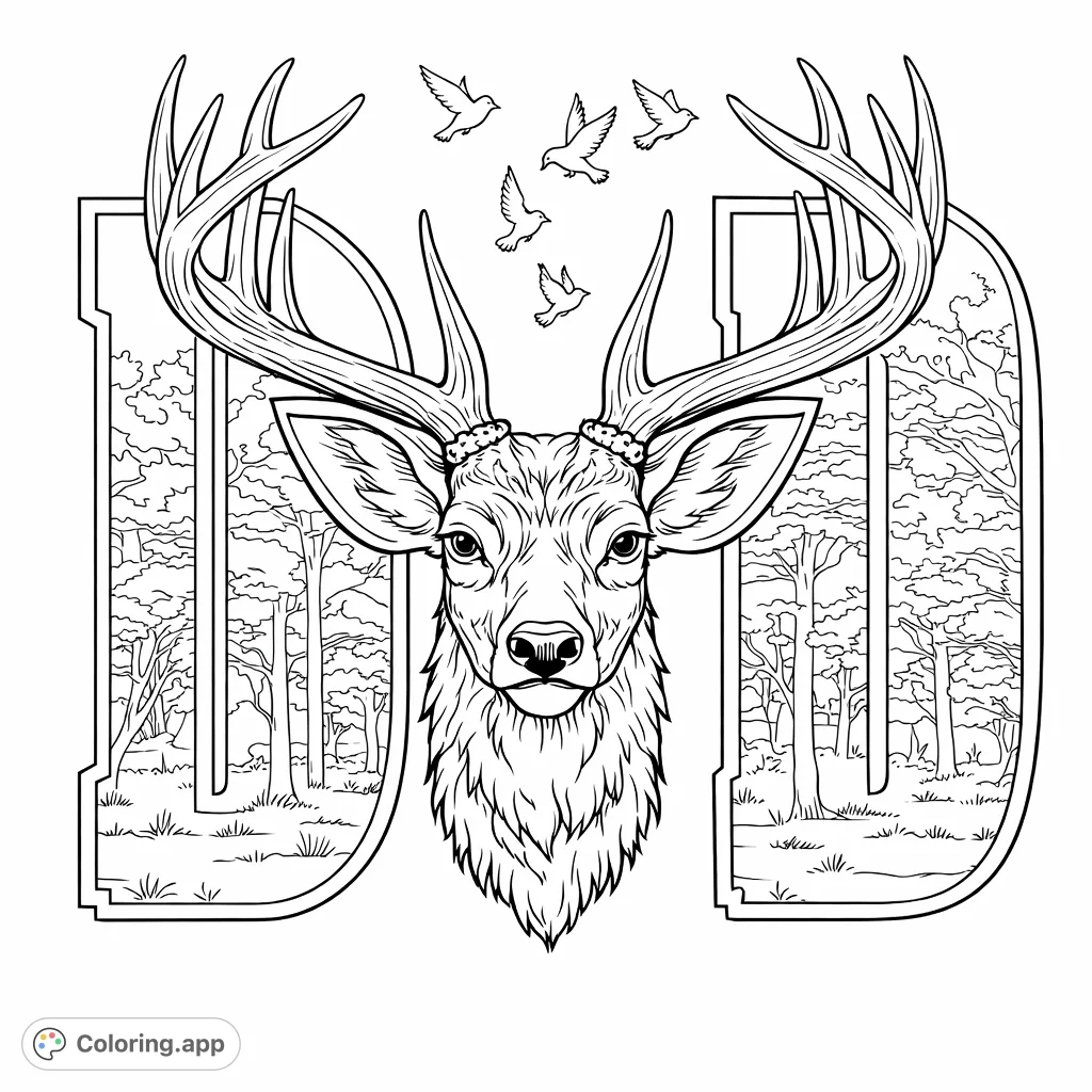 Honor your dad with this striking deer head and antlers design, set against bold DAD letters featuring a detailed forest pattern. Perfect for outdoor enthusiasts.