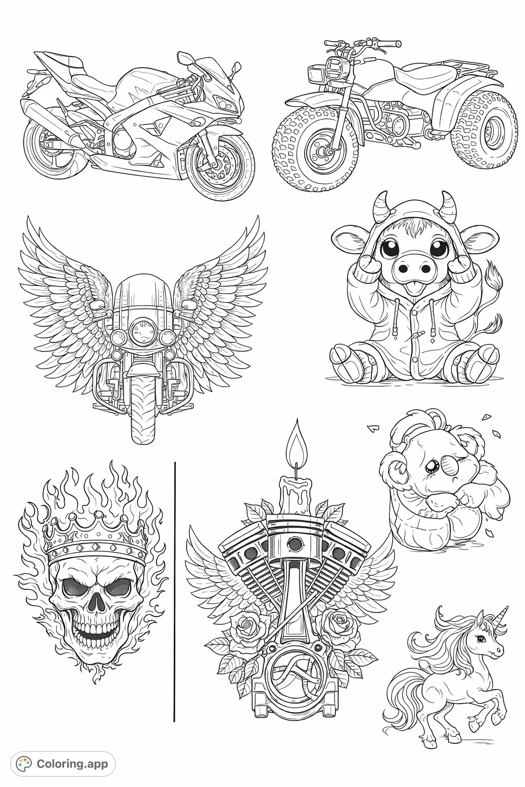 Unleash your creativity with this majestic winged motorcycle coloring page! Intricate details and a formidable design await your artistic touch.