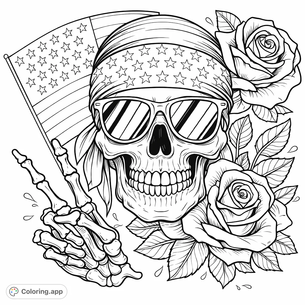 A stylized skull with a star-spangled bandana and sunglasses, making a peace sign, flanked by an American flag and detailed roses.