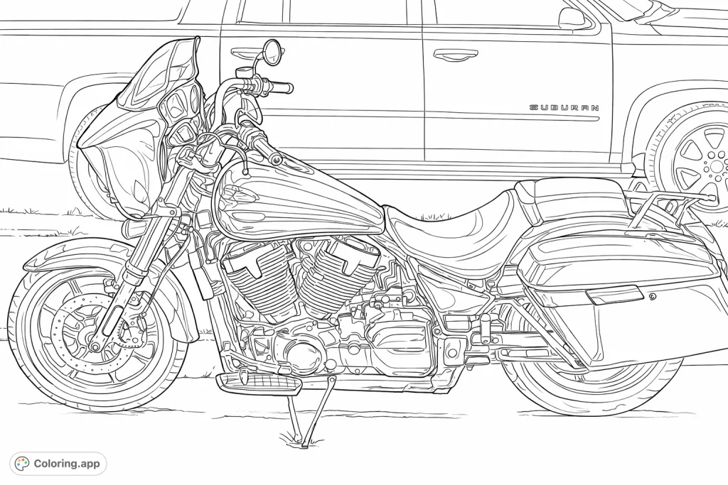Color this detailed cruiser motorcycle with its powerful engine, comfortable seating, and touring saddlebags, set against an outdoor background.