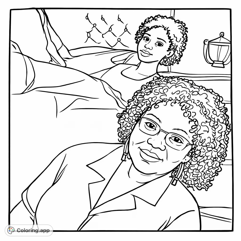 Capture a heartwarming moment of two individuals relaxing together, sharing a smile. This page invites you to add your personal touch to a scene of companionship.