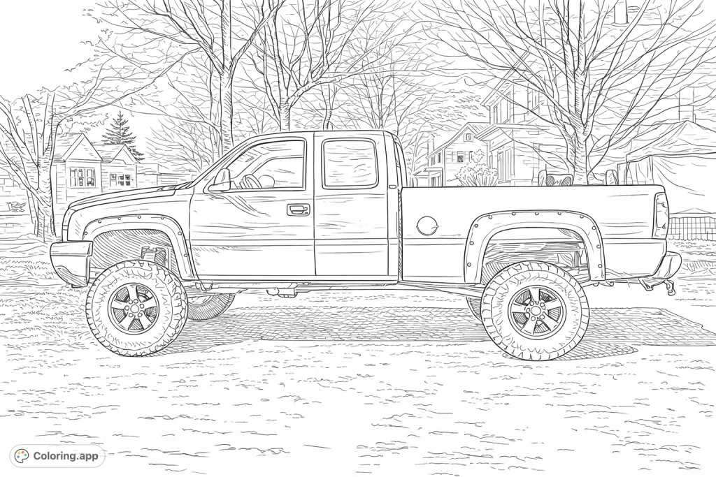 Color a detailed off-road pickup truck with large tires and lifted suspension, parked amidst bare trees and houses under an open sky.