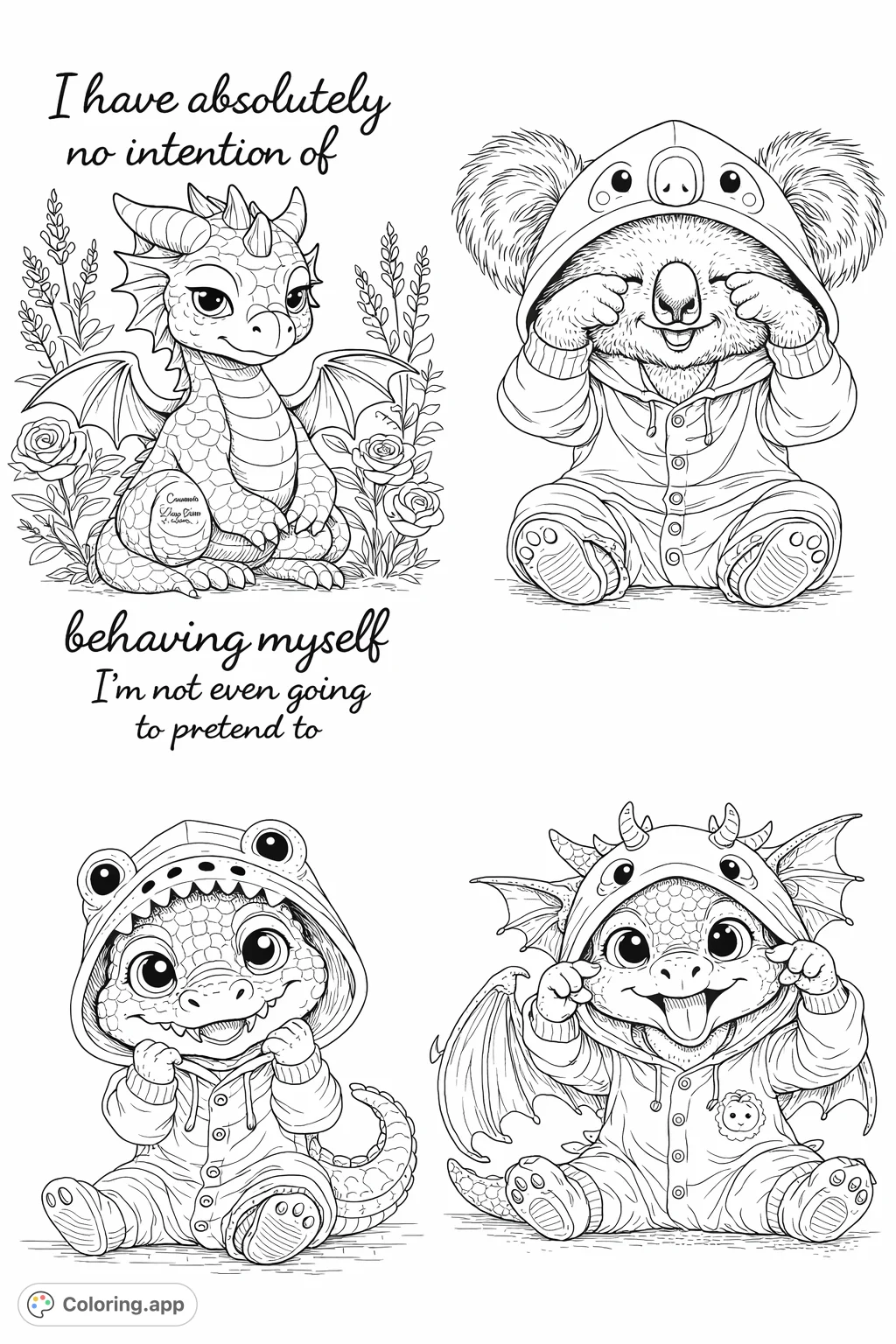 Discover four adorable baby creatures in whimsical animal onesies, including a grumpy dragon, peek-a-boo koala, and silly alligator, for delightful coloring fun.