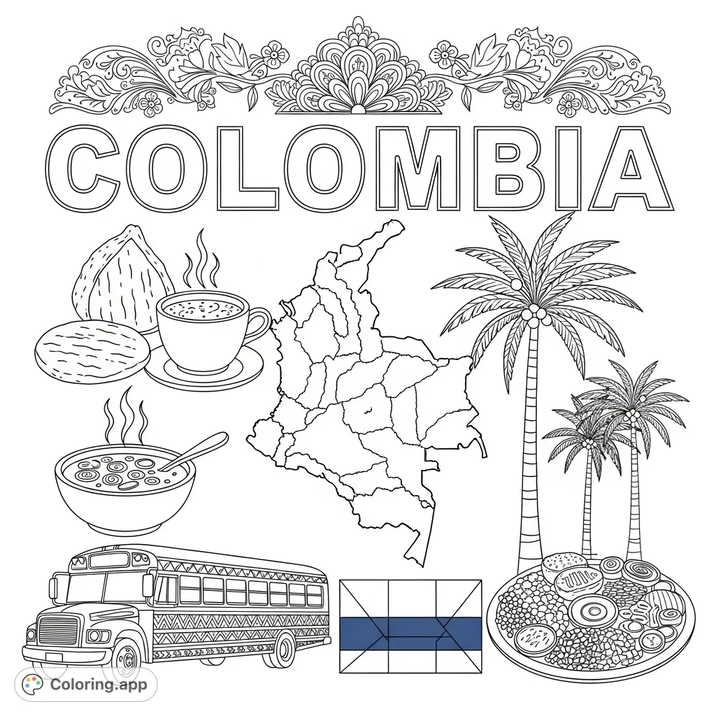 Explore Colombia's rich culture! Color its name, map, flag, traditional foods like bandeja paisa, a chiva bus, Valle de Cocora palms, and Medellin flowers.