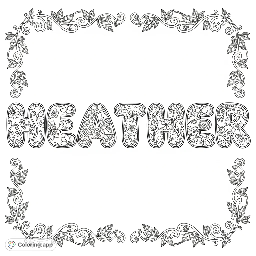 A sophisticated coloring page featuring the name "Heather" in elegant bubble letters, adorned with intricate floral and geometric patterns, perfect for adult colorists.