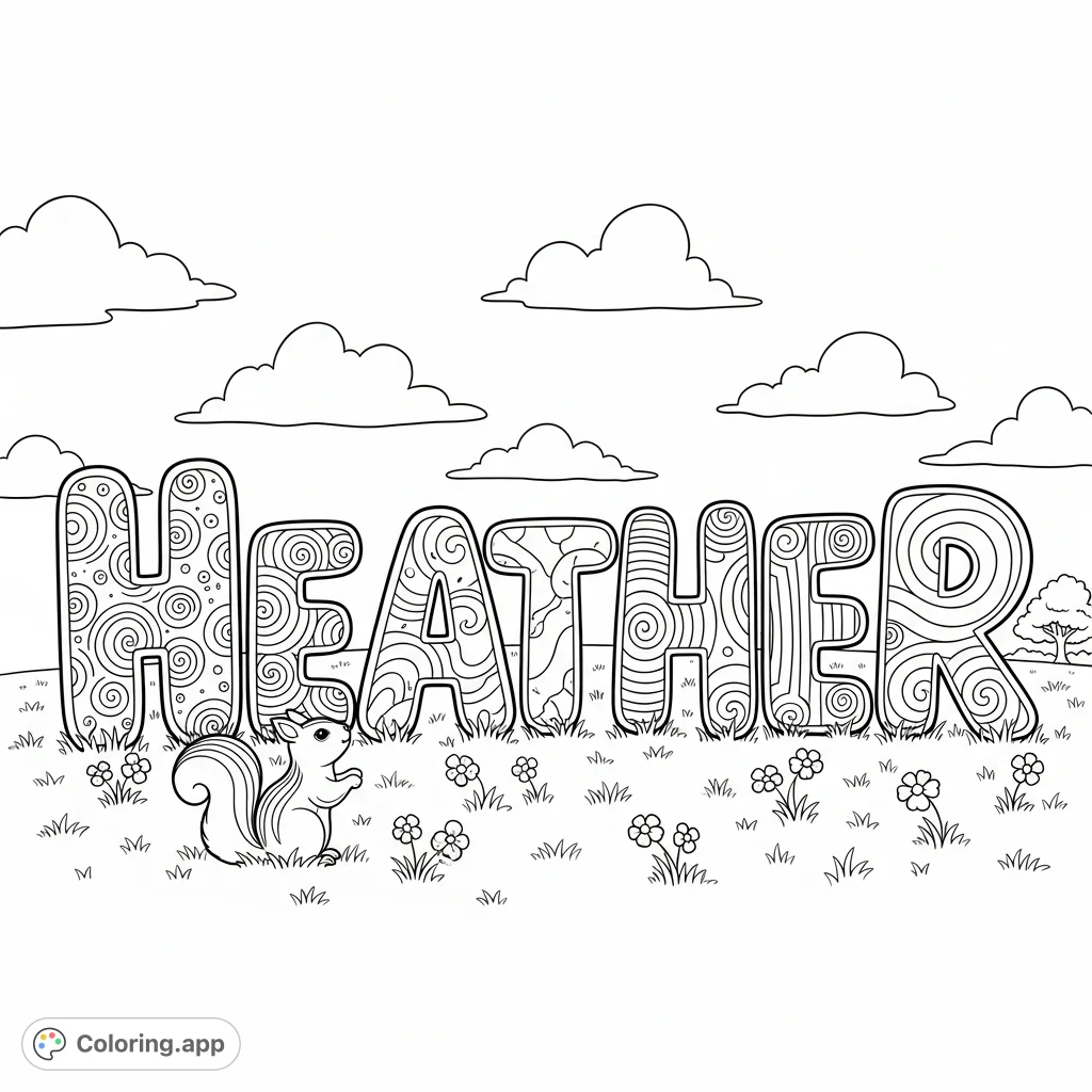 A personalized "Heather" coloring page with bubble letters, swirling patterns, a curious squirrel, wildflowers, and a peaceful meadow scene.