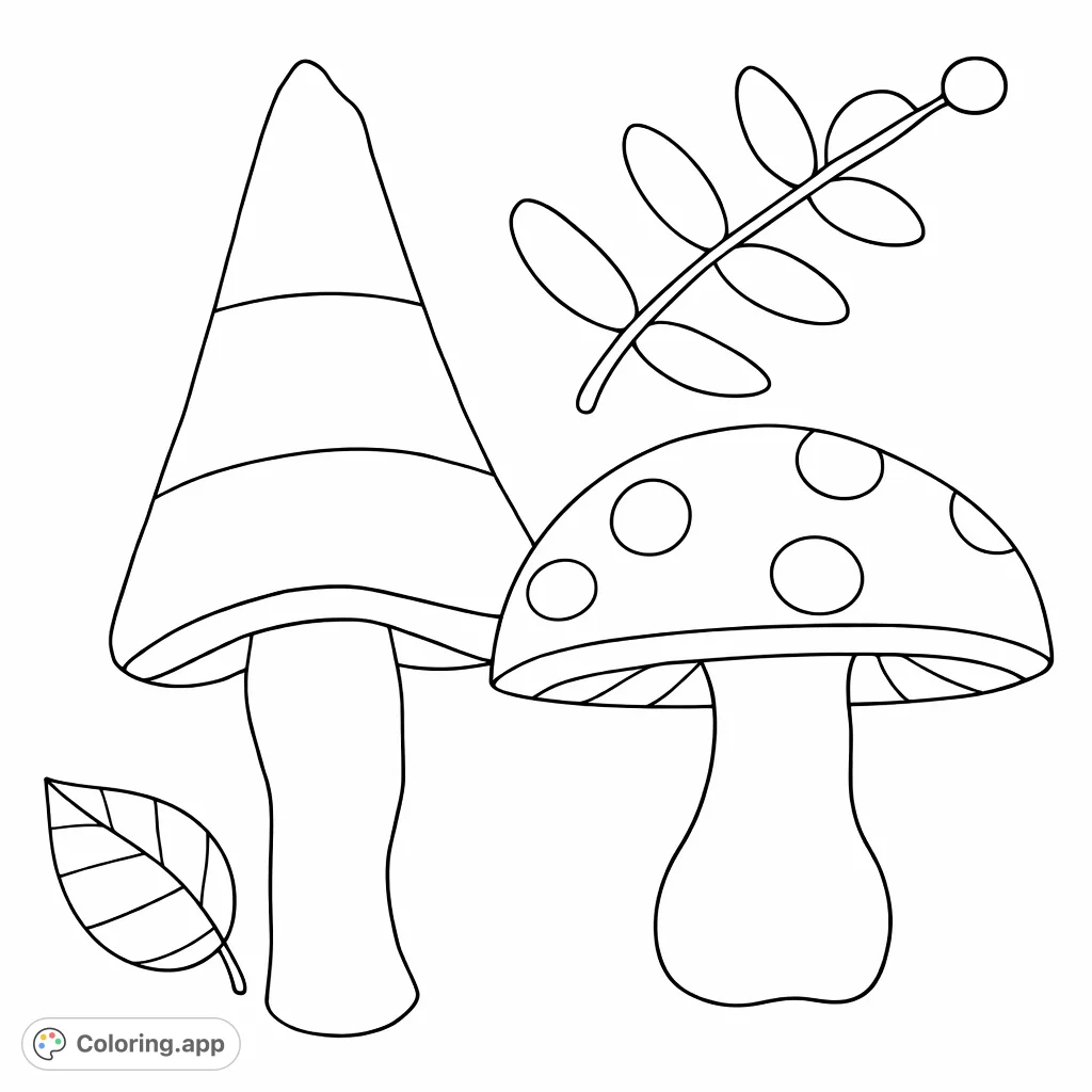 Explore a charming collection of forest mushrooms and delicate leaves. This whimsical design offers simple shapes, perfect for a relaxing coloring experience.