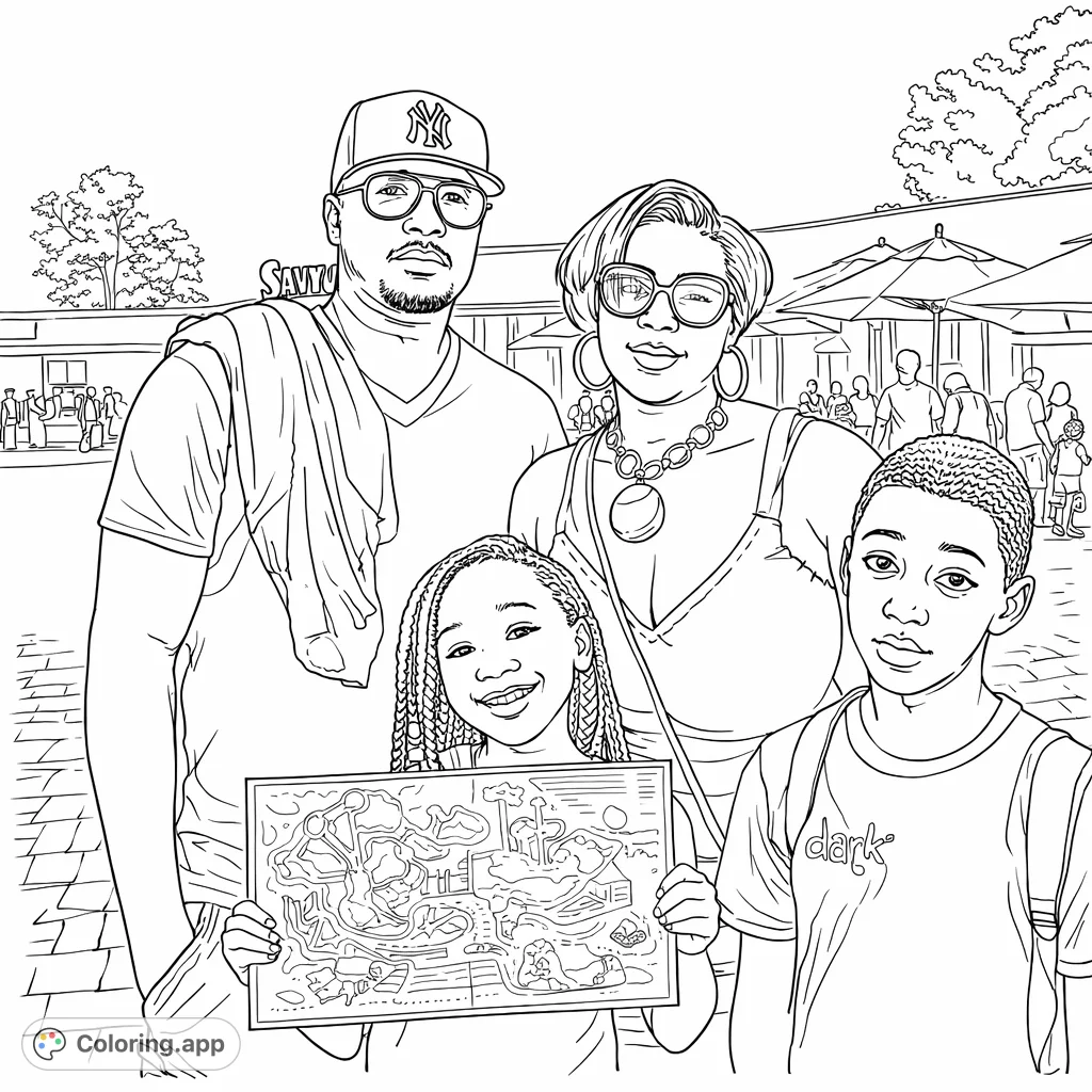 Join a family of four on their fun day out at an amusement park. This family trip coloring page features a happy family, perfect for free printable coloring page enthusiasts of all ages.