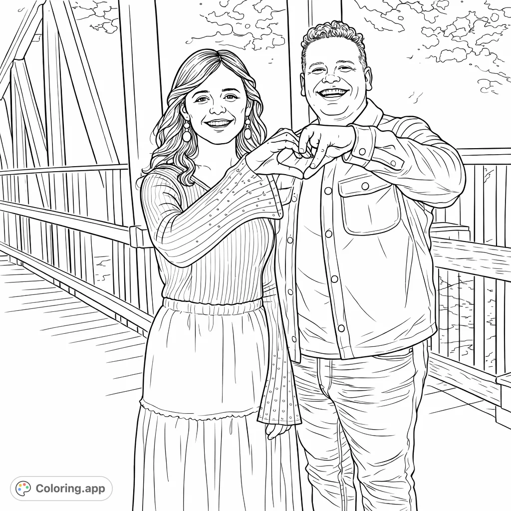 A joyful couple forms a heart shape with their hands on a scenic wooden bridge, perfect for a romantic coloring experience.