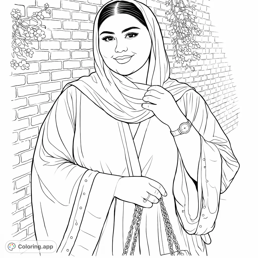 An elegant woman in a flowing head covering and elaborate sleeves stands before a textured brick wall adorned with delicate floral vines. Perfect for fashion enthusiasts.