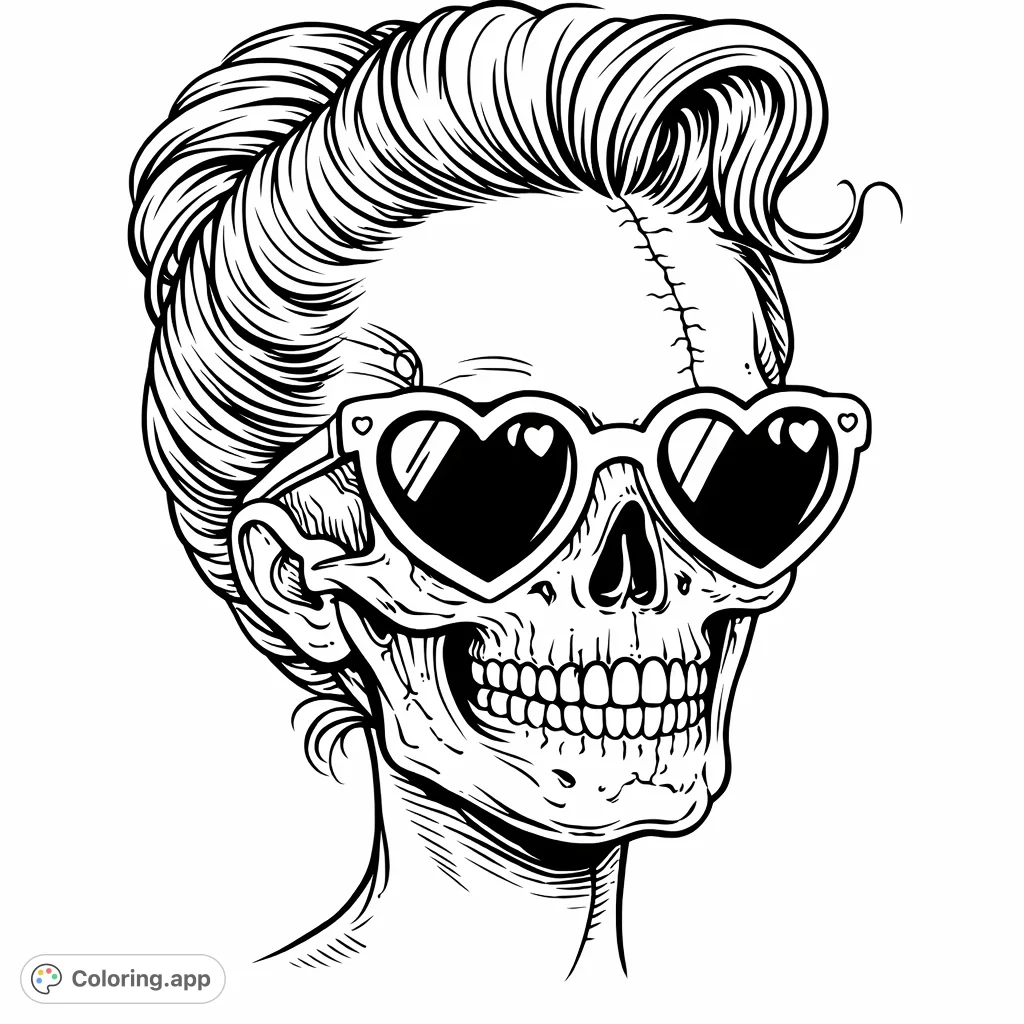 A cool, stylized skull rocking heart-shaped sunglasses and a slick hairstyle. Perfect for gothic, rockabilly, or retro-themed coloring enthusiasts.