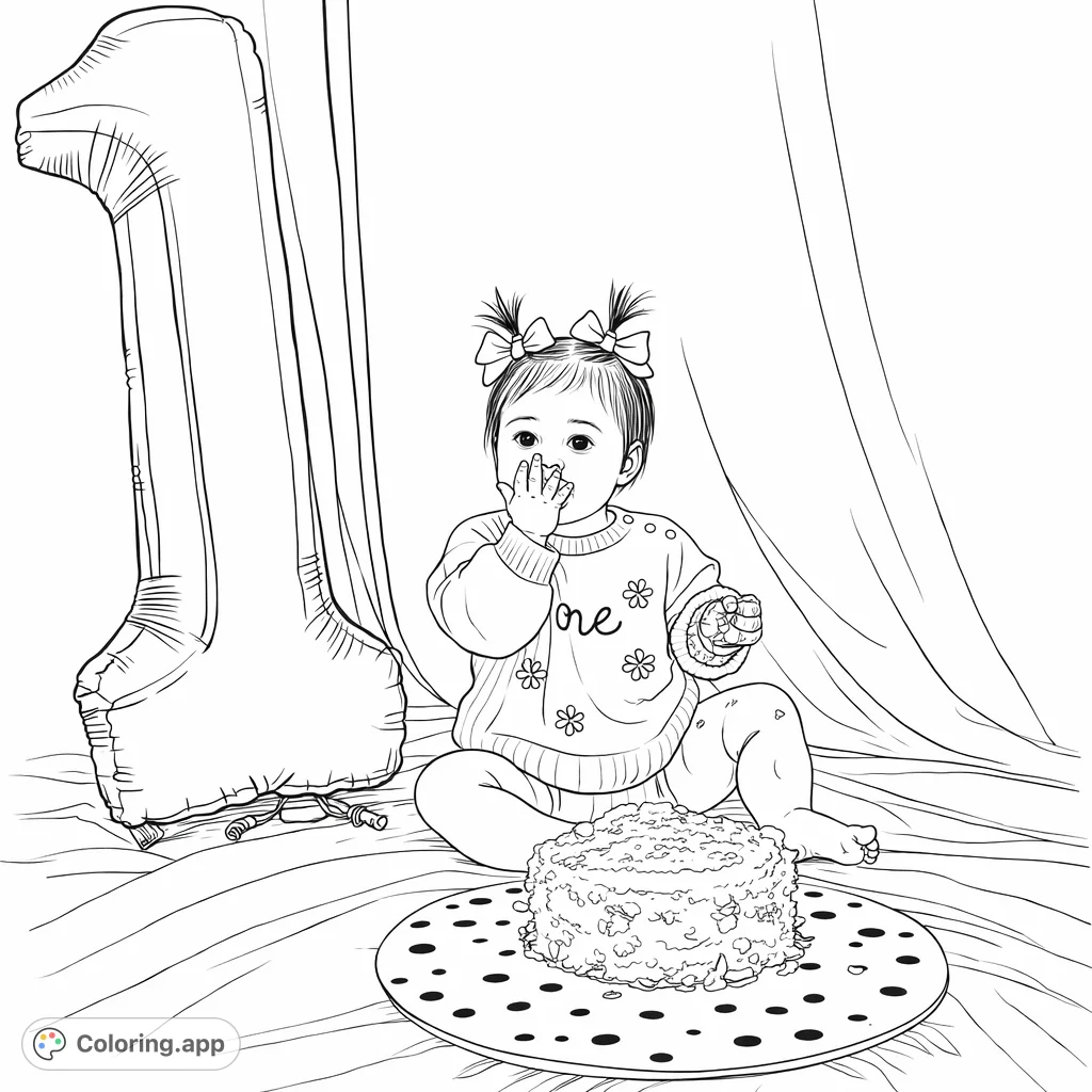 Capture the joyful mess of a first birthday cake smash! A delightful baby celebrating with a sweet cake and a festive '1' balloon.