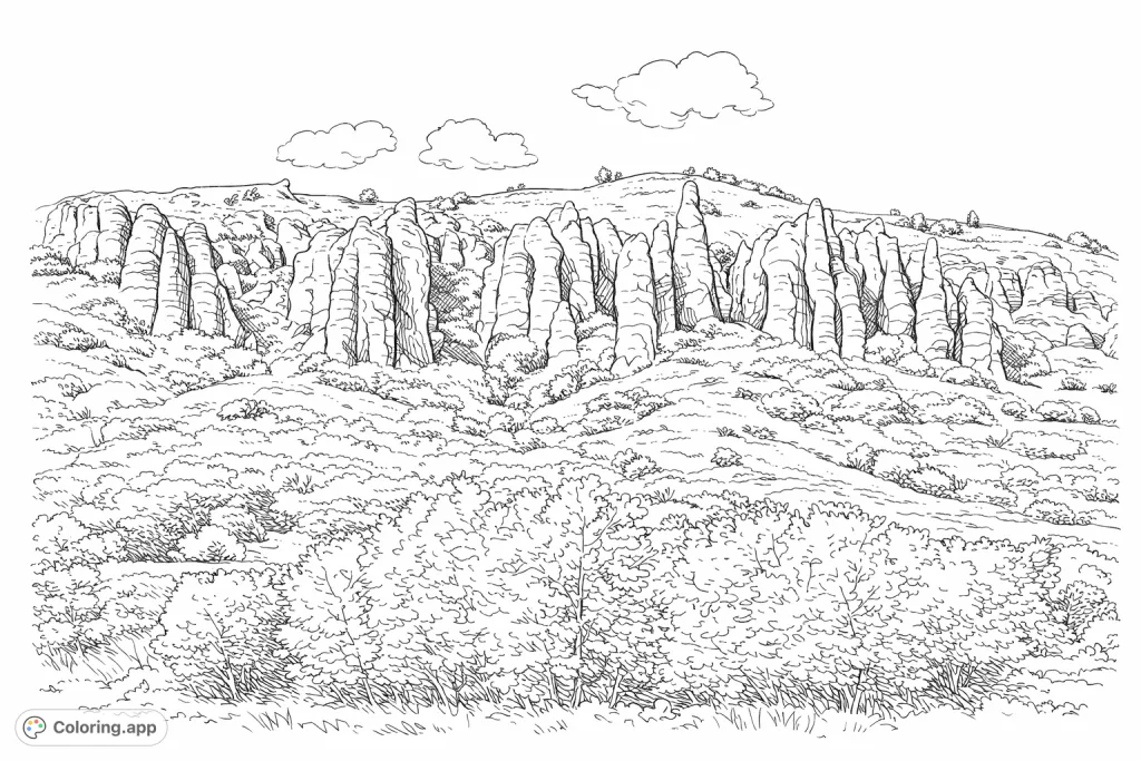 Explore a stunning hillside landscape featuring unique rock formations and dense foliage. This free printable nature coloring page offers a relaxing escape for all ages.