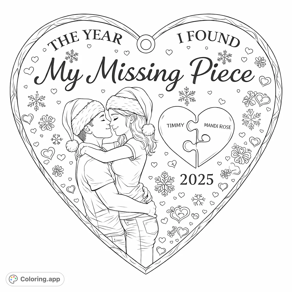 A romantic couple embracing within a heart ornament, celebrating their love with snowflakes, a puzzle heart, and a special year. Perfect for an anniversary or special memory.