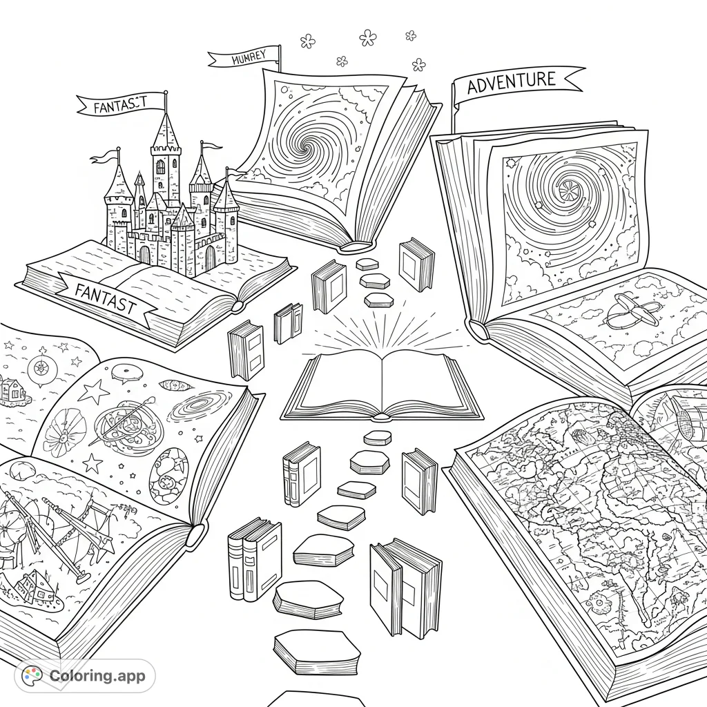 Explore a whimsical abstract landscape crafted from open books and literary elements, guiding a reader's journey through fantasy, sci-fi, and adventure worlds.