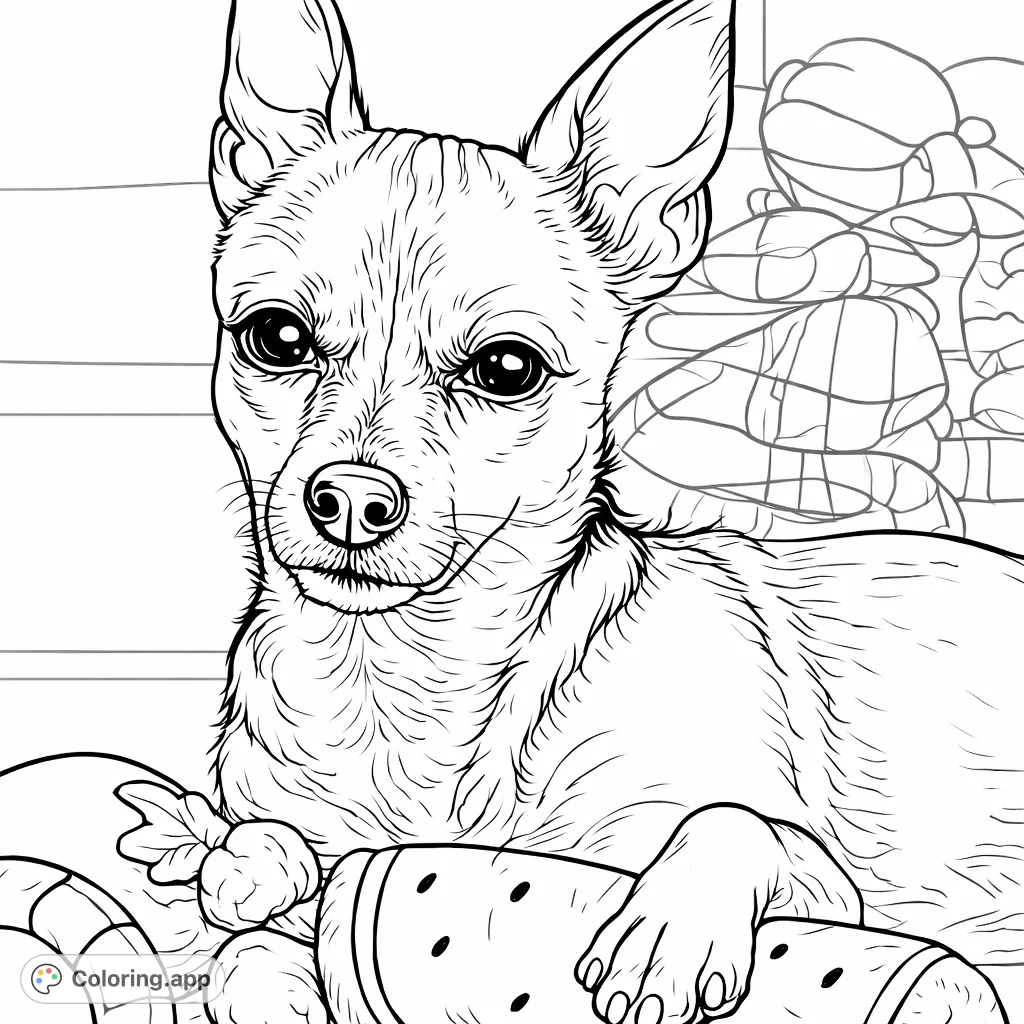 A delightful chihuahua coloring page featuring an adorable dog with its favorite toys, perfect for pet lovers of all ages.