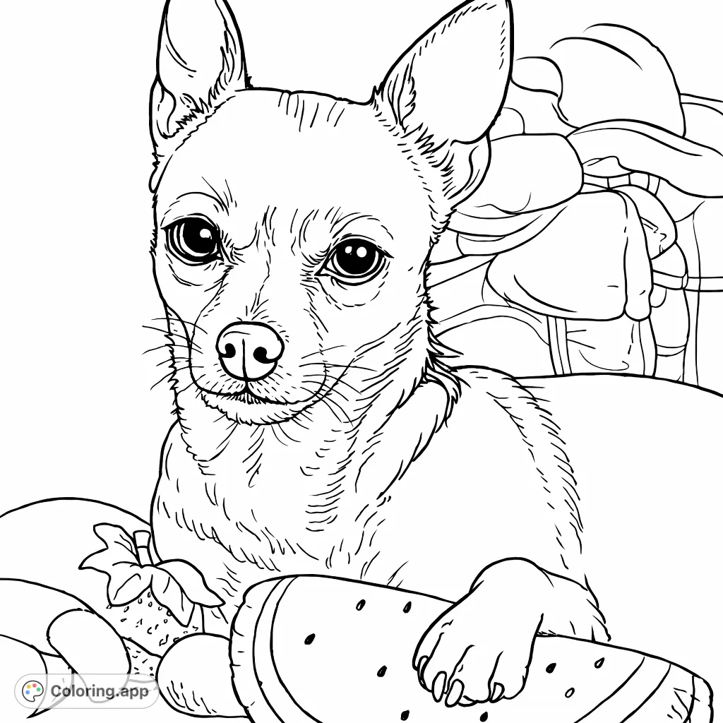 A charming dog rests with its favorite toys, offering a delightful and engaging coloring experience for animal lovers. Expressive eyes and a playful setting await your creative touch.