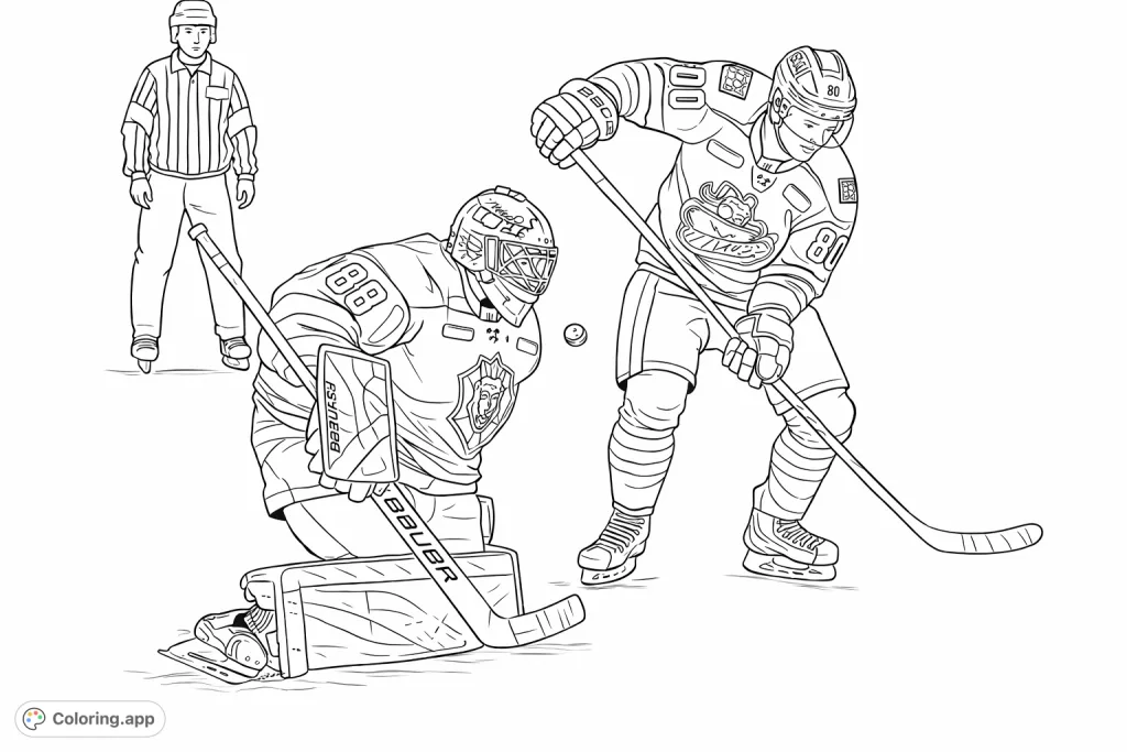 Experience the thrill of a hockey game with a player aiming for a shot against a vigilant goalie. An exciting sports coloring page for fans.