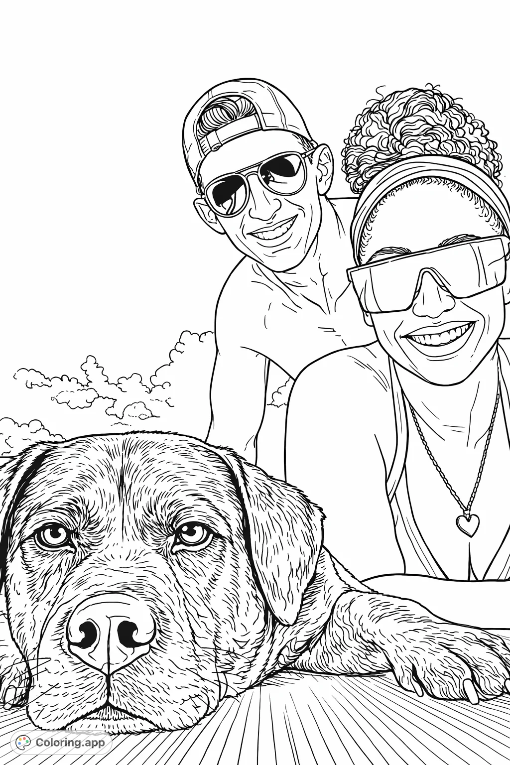 A heartwarming family and pet portrait featuring a joyful couple and their adorable dog, ready for your creative touch. Perfect for dog lovers!