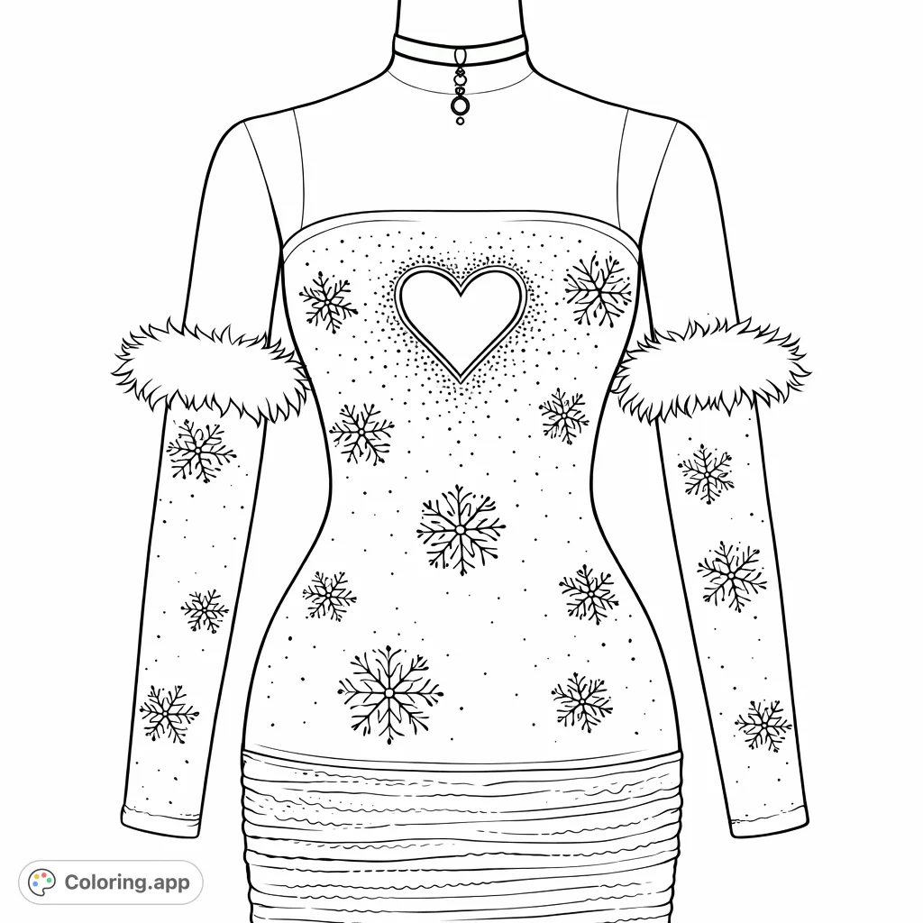 Delightful holiday dress featuring a heart cutout, intricate snowflakes, and feather cuffs. Perfect for festive fashion coloring pages and creative expression.