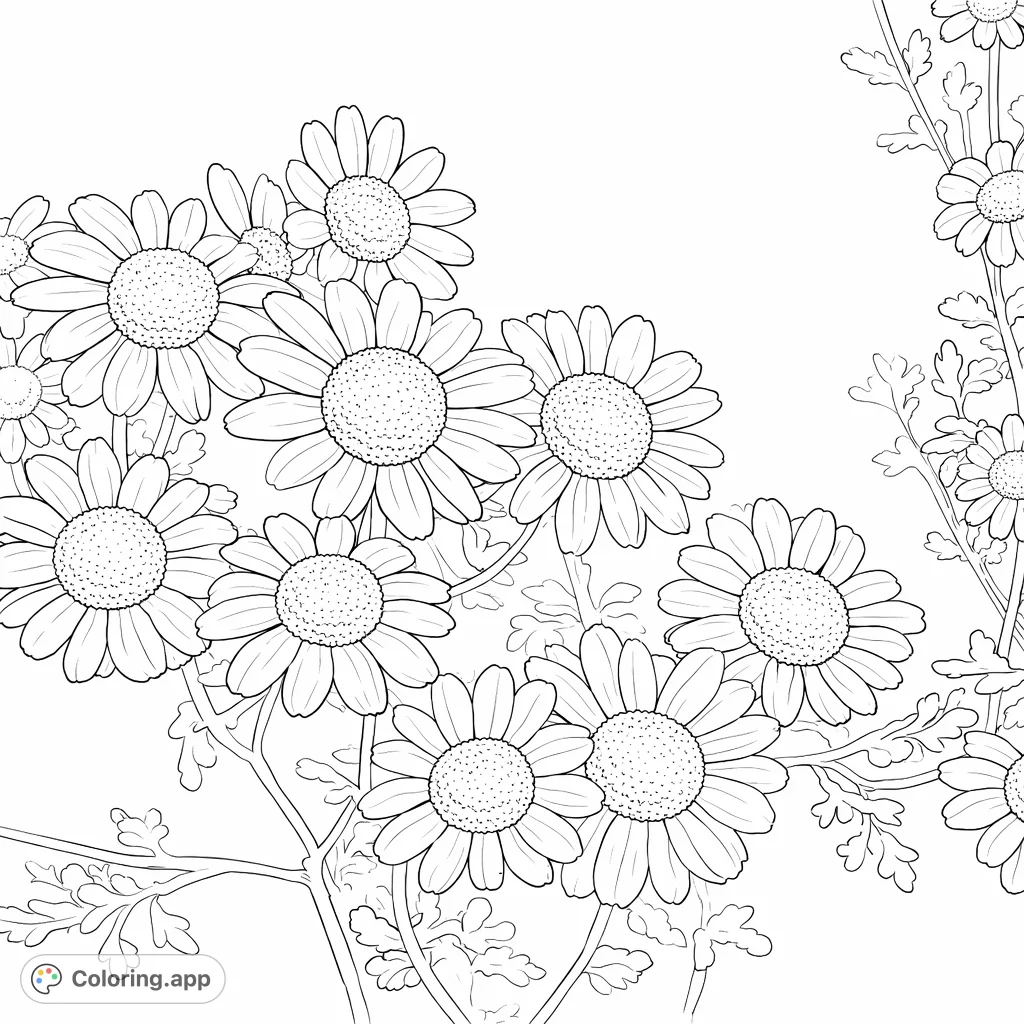 A charming cluster of daisy flowers with intricate petals and textured centers. This delightful floral scene offers a relaxing and creative coloring experience.