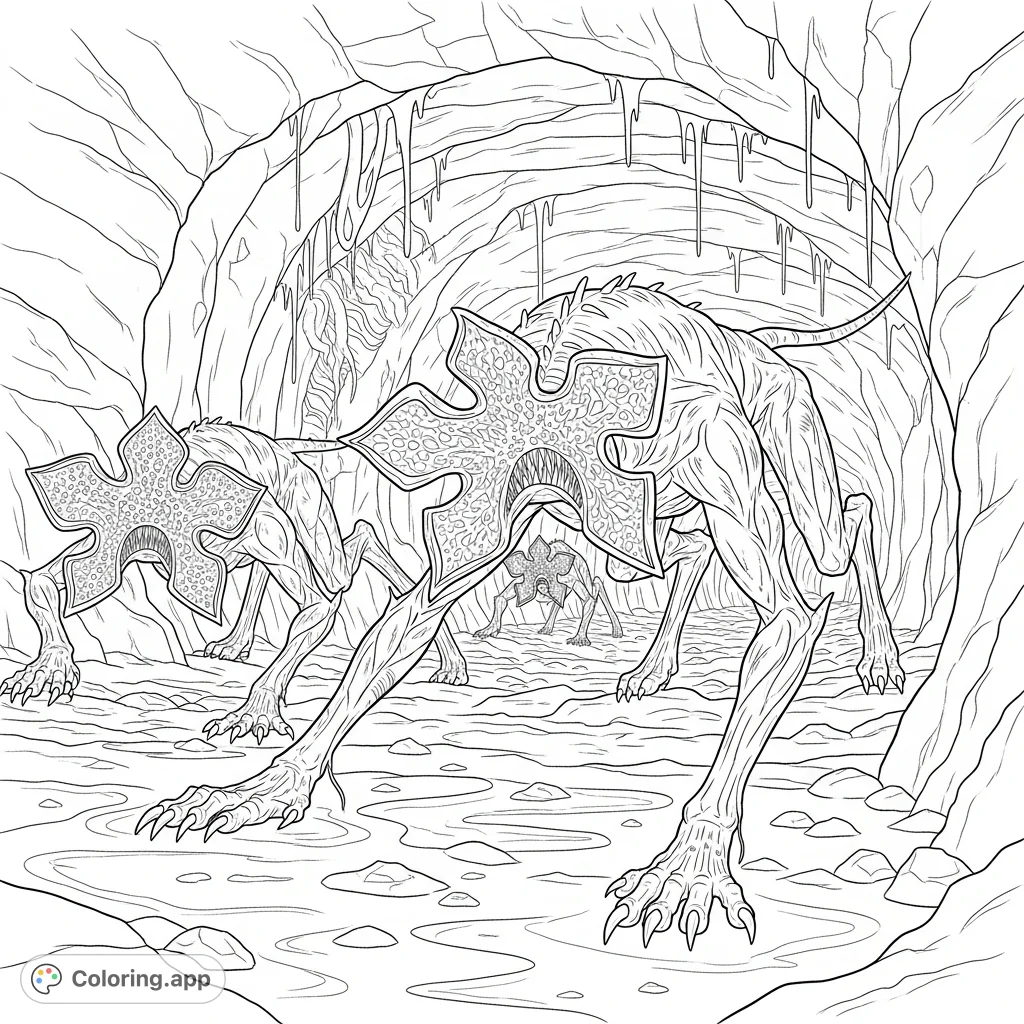Encounter fearsome Demogorgons crawling through a muddy, subterranean tunnel. This detailed coloring page captures their menacing forms and a gritty underground environment.