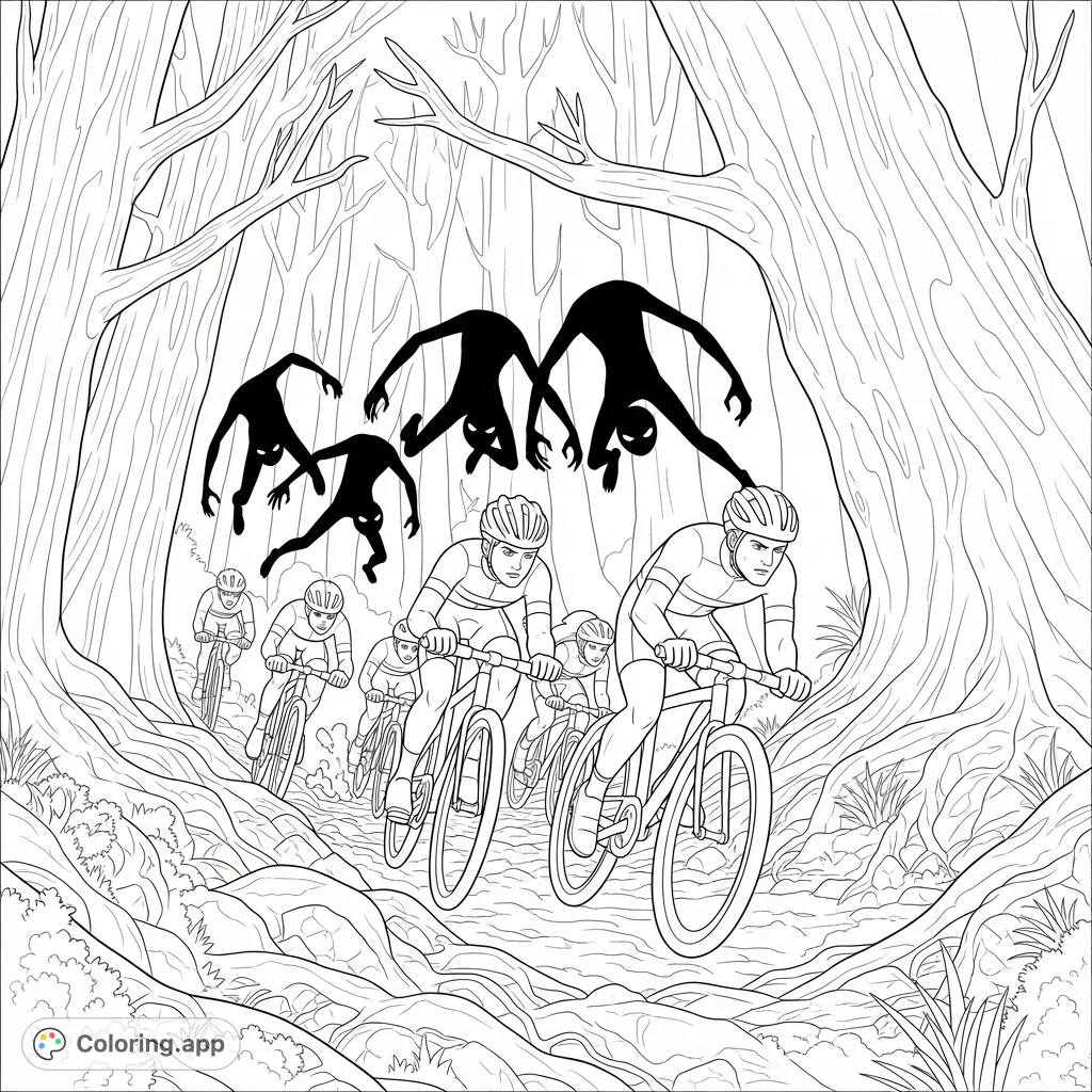Join iconic bike riders in a thrilling escape through a dense, mysterious forest, evading ominous inverted figures. A suspenseful Stranger Things adventure awaits!