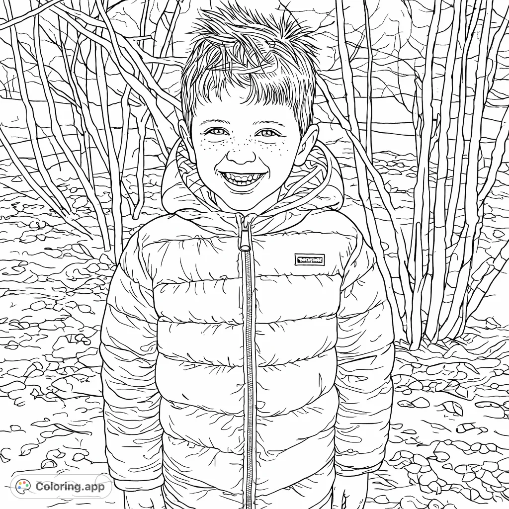 A cheerful boy bundled in a puffy jacket smiles in a winter landscape with bare trees and snowy ground, perfect for a cozy coloring adventure.