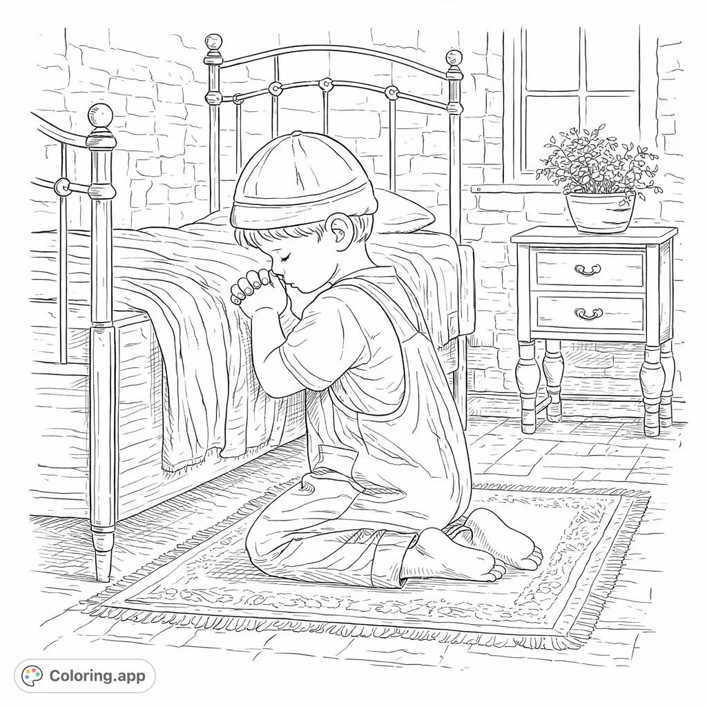 Capture a heartfelt moment with this child's quiet reflection coloring page. Features a kneeling child, detailed bedroom furniture, and a peaceful ambiance.