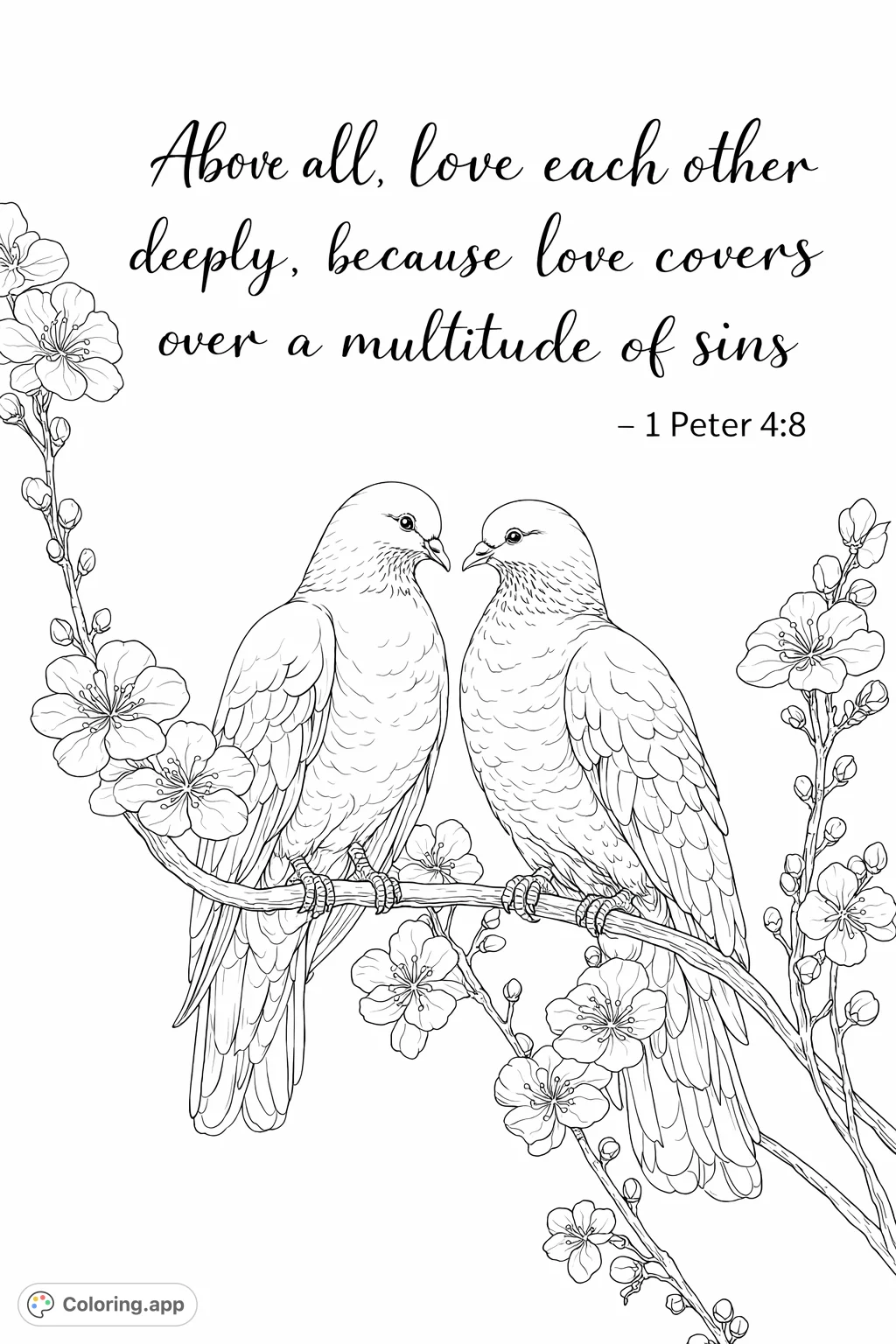 A serene Doves coloring page featuring two graceful birds perched on a blooming branch, perfect for tranquil creative expression.